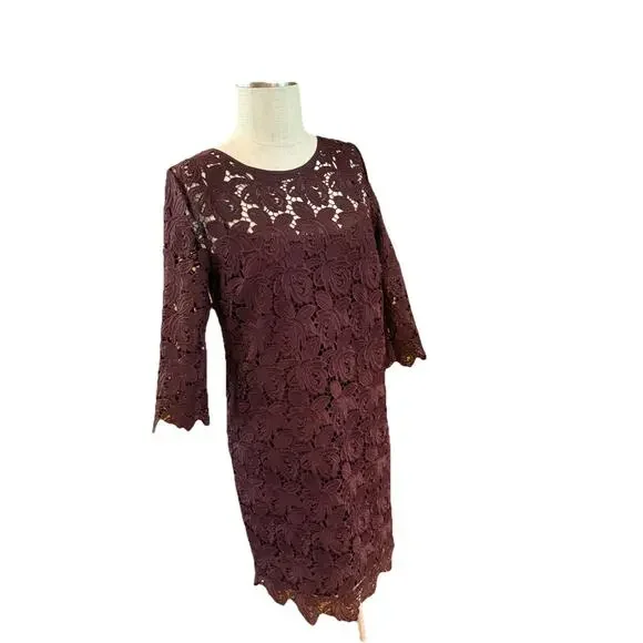 Loft Shift Dress Womens Size 8 Fig Maroon Lace Floral 3/4 Sleeve Back Zipper - Picture 7 of 8